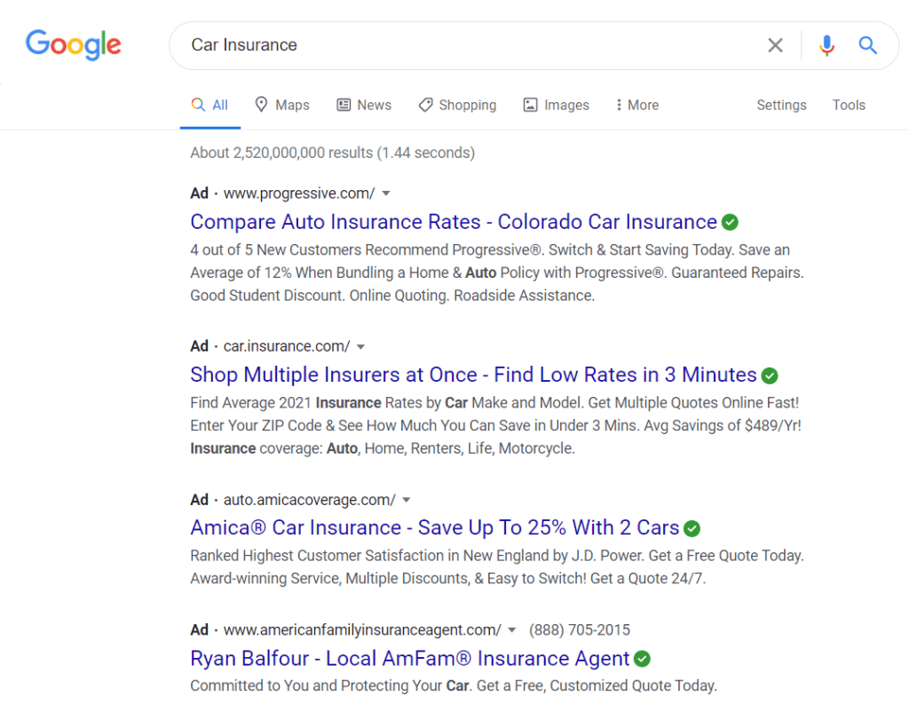 A picture of a Google search engine results page with the search "car insurance". 
