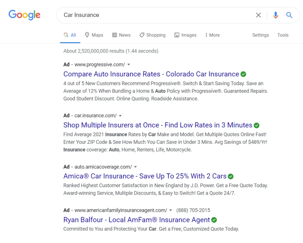 A picture of a Google search engine results page with the search "car insurance". 