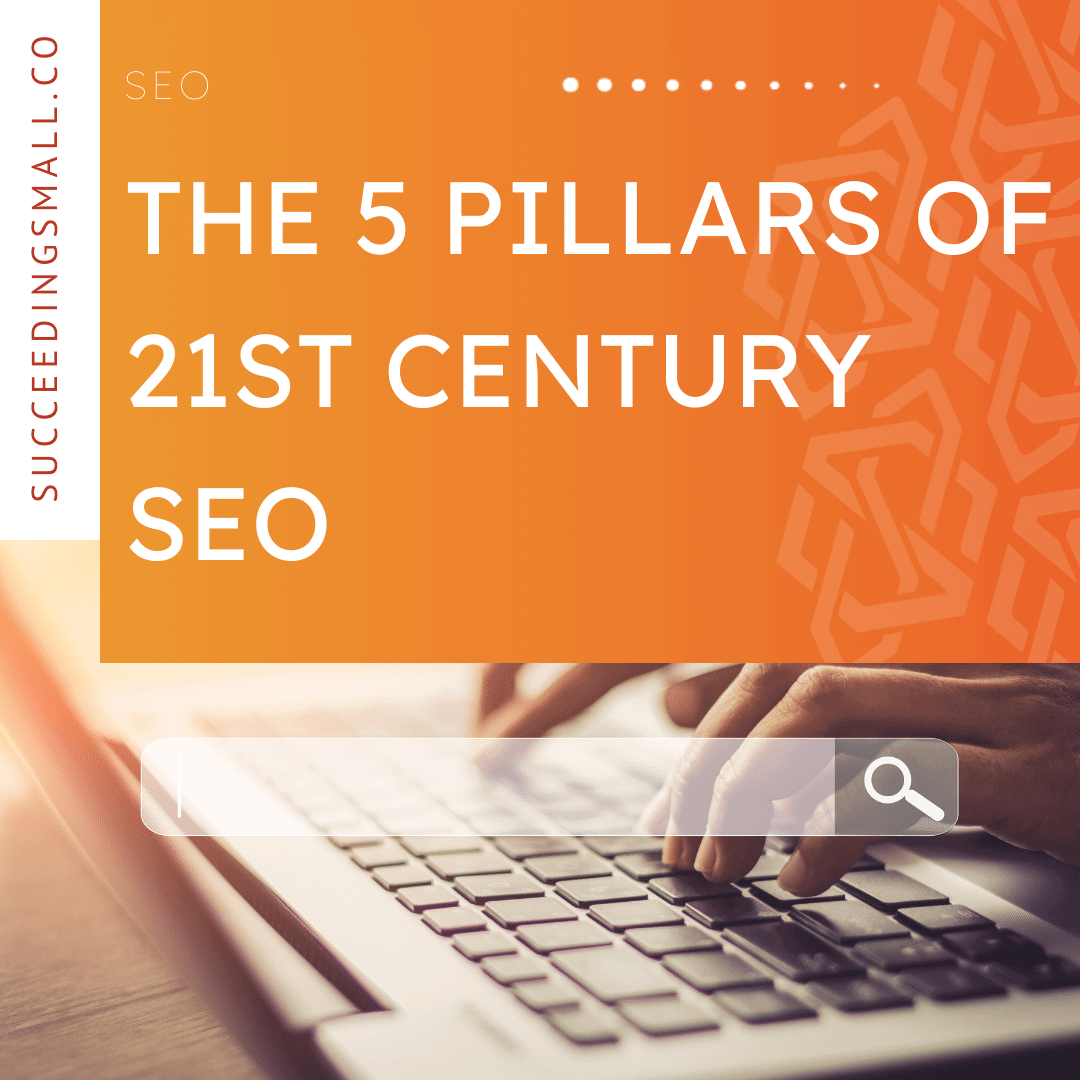 This graphic has an orange background on the top portion with a white font that reads, "The 5 pillars of 21st century seo". The bottom portion of this graphic is an image of someone typing on a computer.