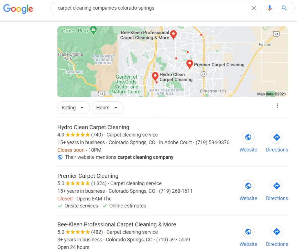 A picture showing the map pack of a search for carpet cleaning companies colorado springs.
