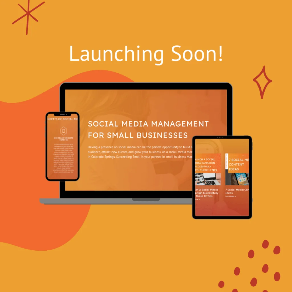 This is an orange graphic that shows a website on a computer screen and phone screen. The graphic reads, "Launching Soon!"