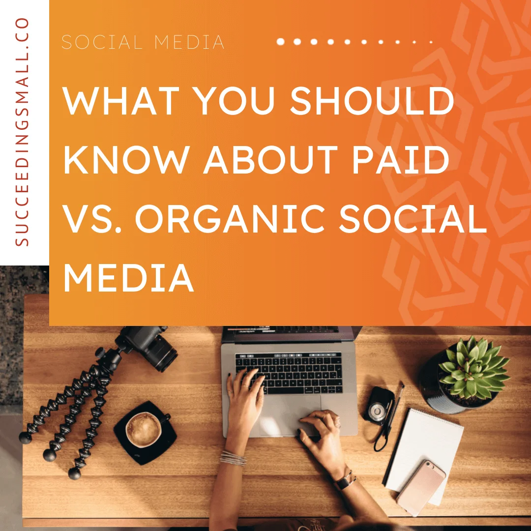 This graphic has an orange background on the top portion with a white font that reads, "What You Should Know About Paid vs. Organic Social Media". The bottom portion of this graphic is an image of someone typing on a computer.