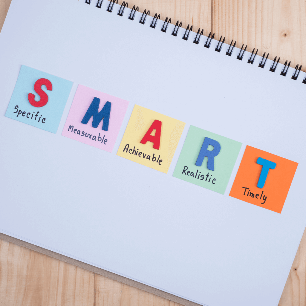 A picture of a notepad with sticky notes on it. They explain each letter of S.M.A.R.T. goals.