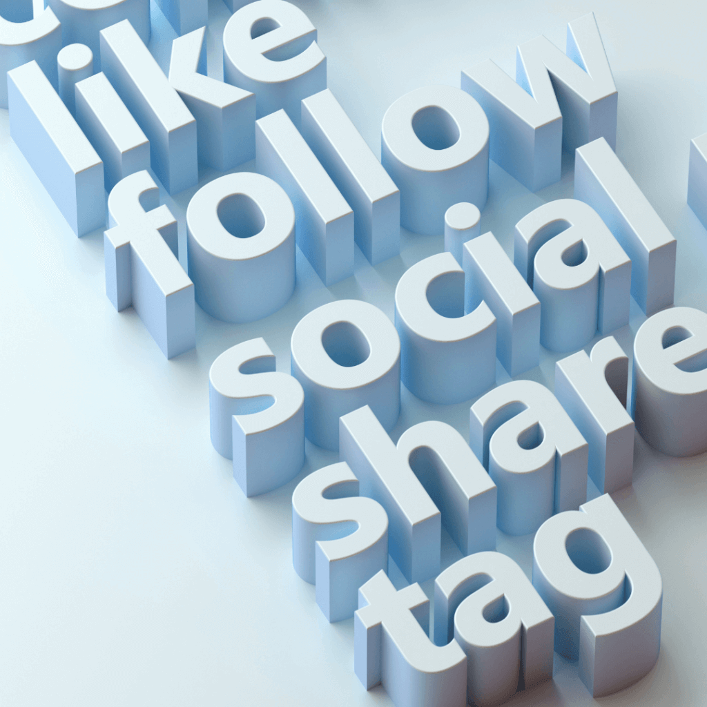 A blue graphic that says, "Like, Follow, Social Media, Share, Tag".
