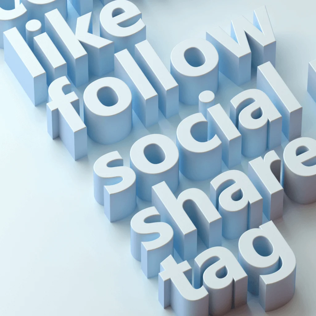 A blue graphic that says, "Like, Follow, Social Media, Share, Tag".