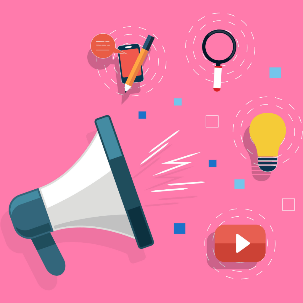 A pink background of a graphic that includes a megaphone, social media icon, lightbulb, and phone.