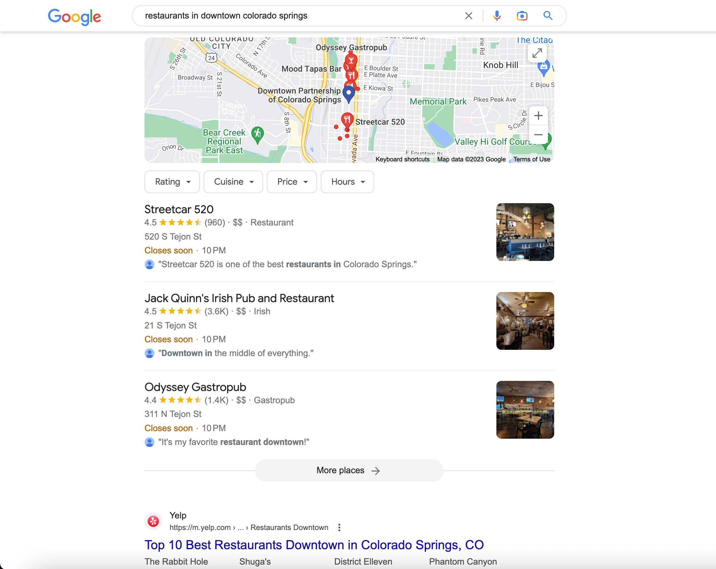 A picture of the search results when someone types in "restaurants downtown colorado springs" into Google.