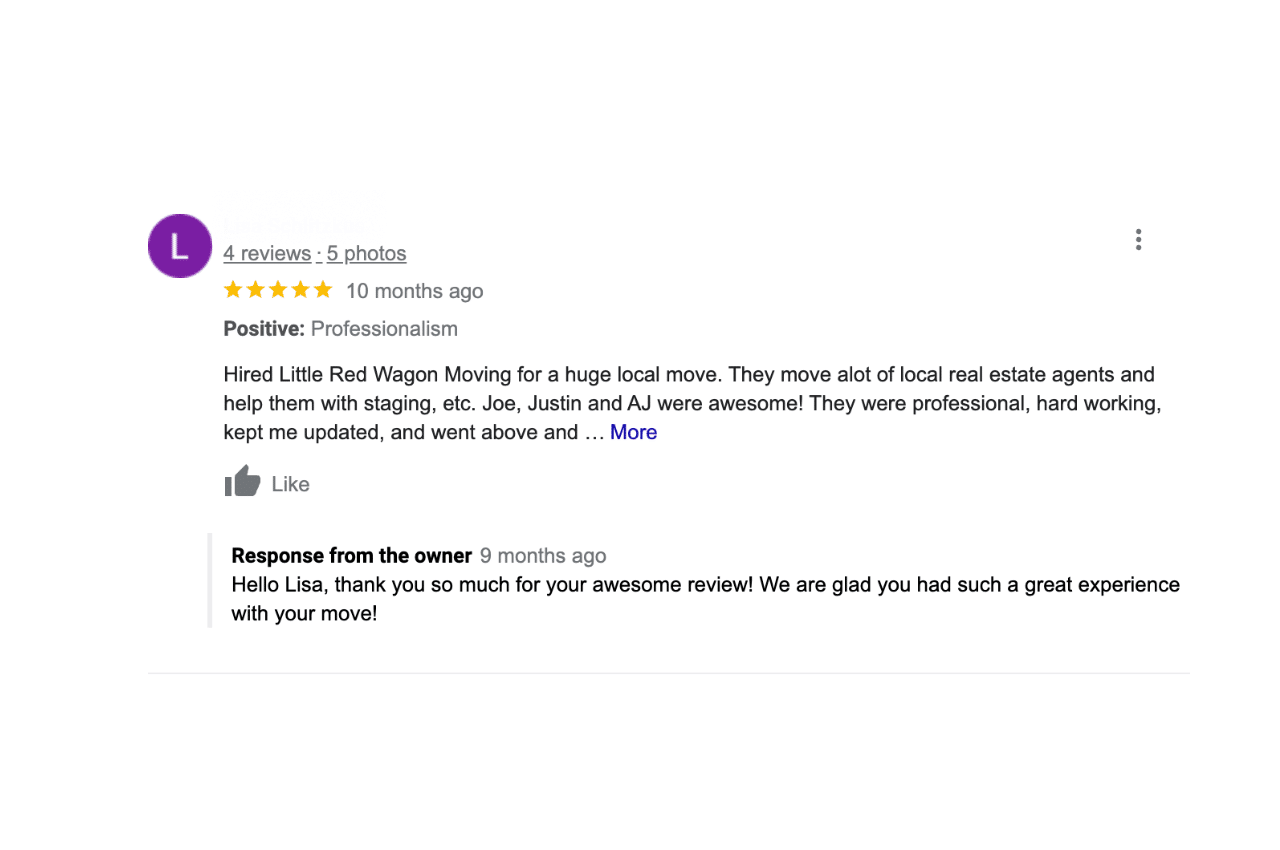 A picture of a Google business review for Little Red Wagon Moving, Inc.