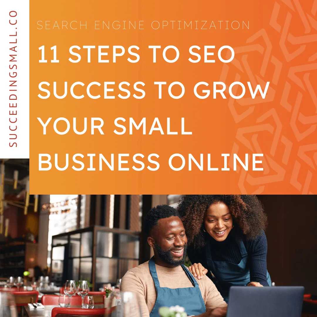 A picture of two happy business owners with the blog title that reads, "11 Steps to SEO Success to Grow Your Small Business Online"