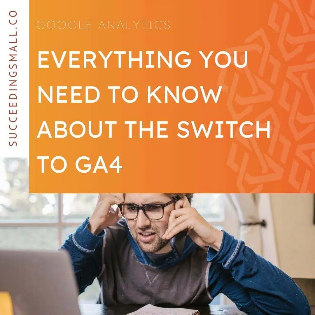Blog graphic with a man looking confused at a computer and the title "Everything you need to know about the switch to GA4"
