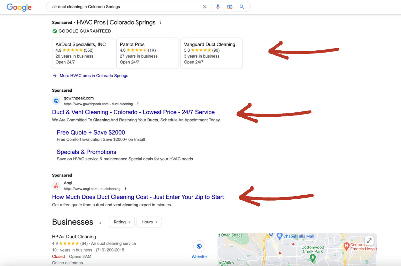 A picture of a Google results page of "air duct cleaners in Colorado Springs"