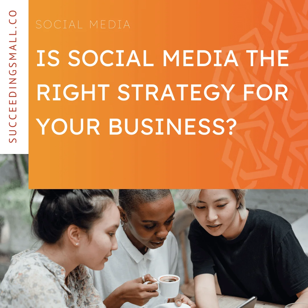 blog graphic with 3 friends looking at a phone and the title Is Social Media the Right Strategy for Your Business?