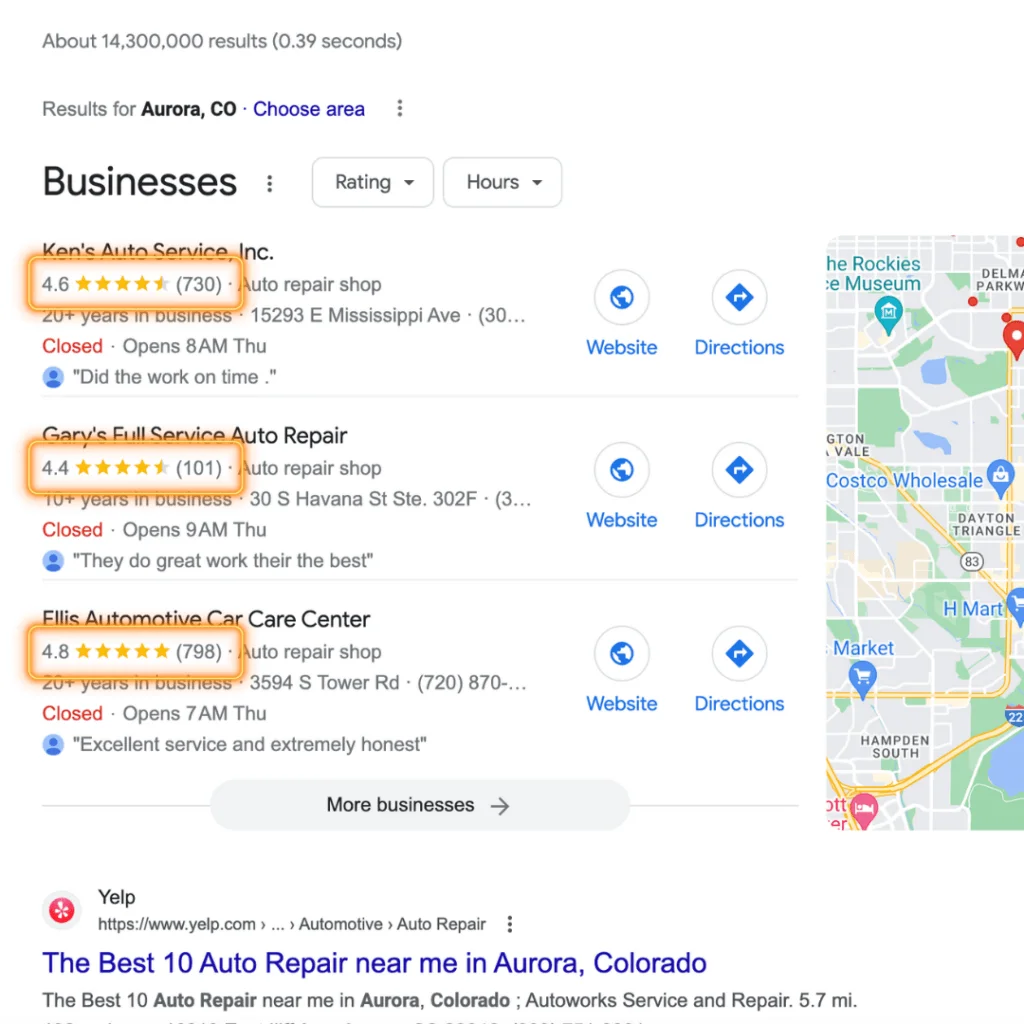 A picture of auto repair shop reviews.
