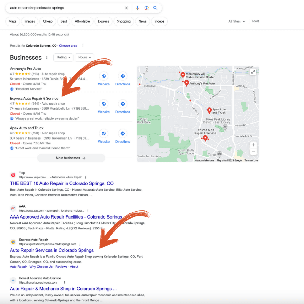 A picture of an auto shop in Google's results pages.