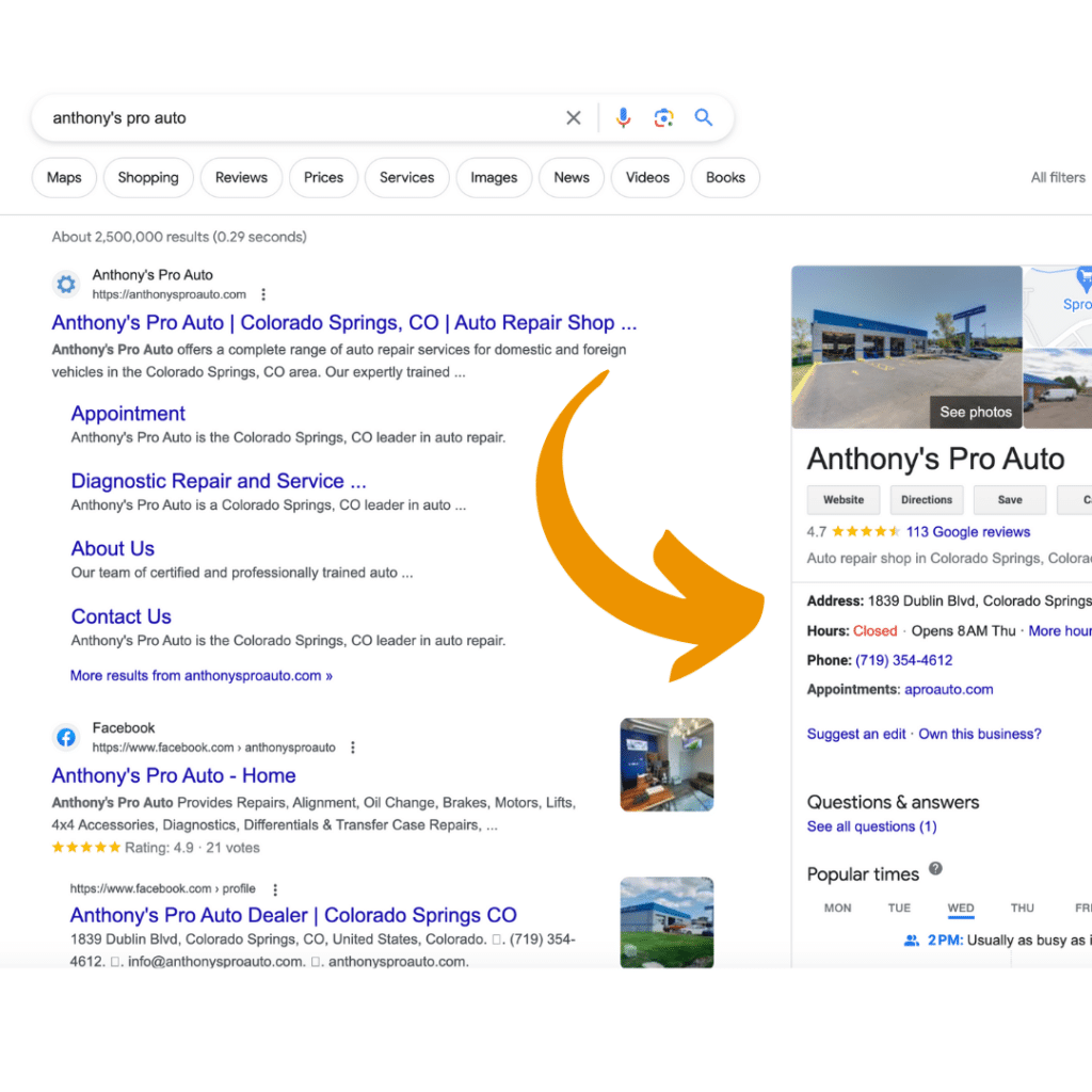 A picture of an auto shop Google Business Profile.