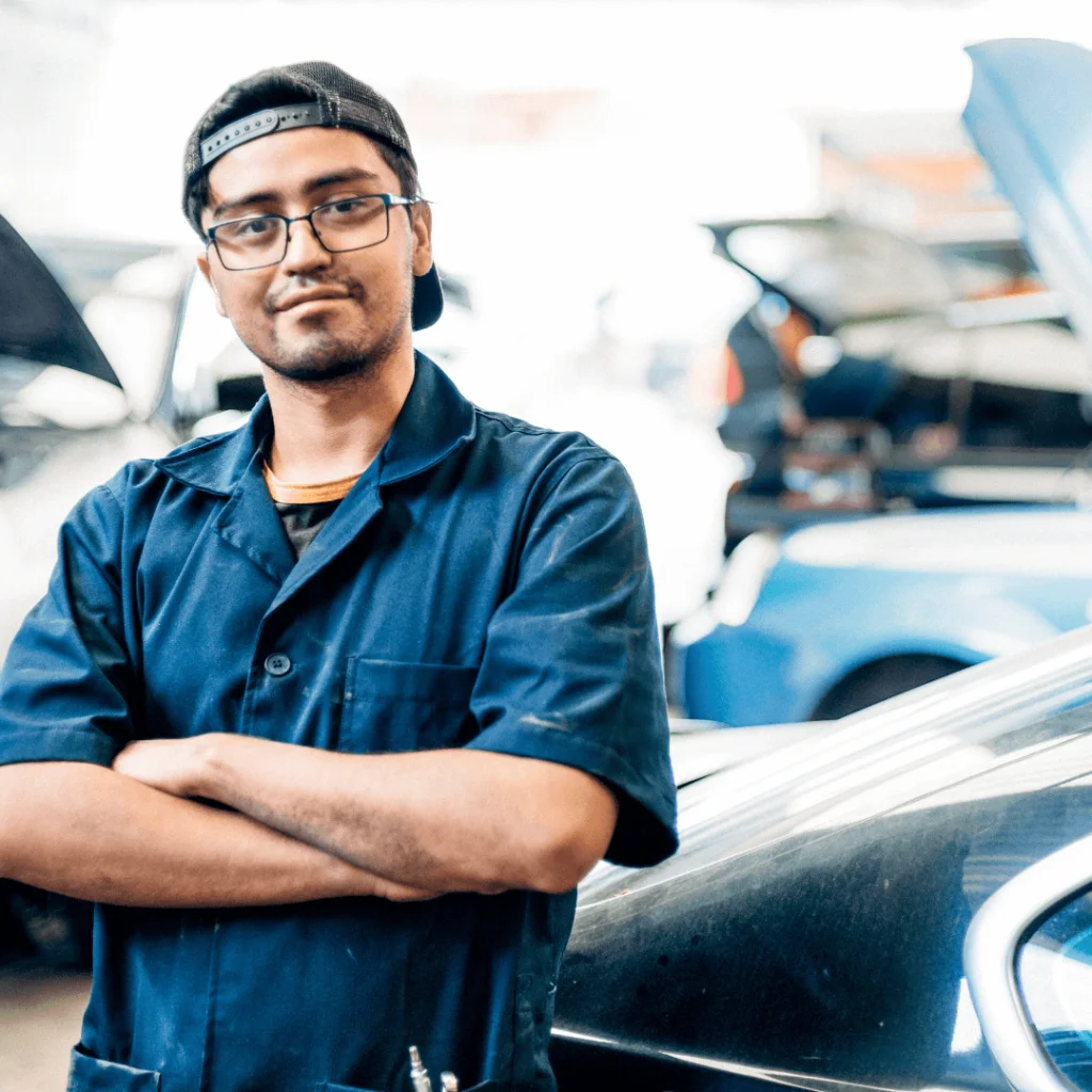 A mechanic in coveralls standing in front of a car