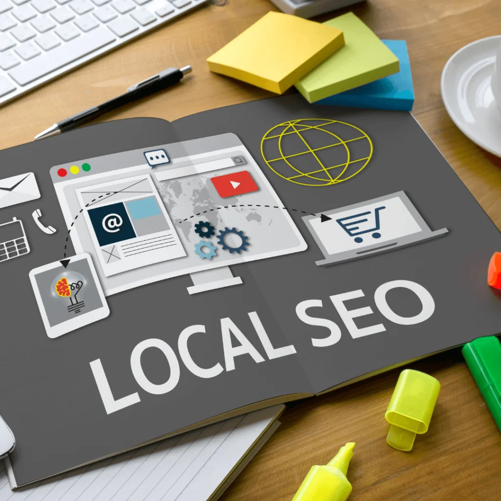 A graphic that reads "local SEO" with images of a computer, phone, shopping cart, and lightbulb