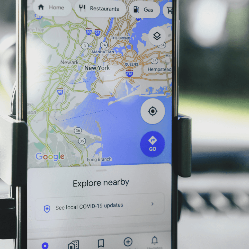 Closeup of a phone with Google Maps on the screen