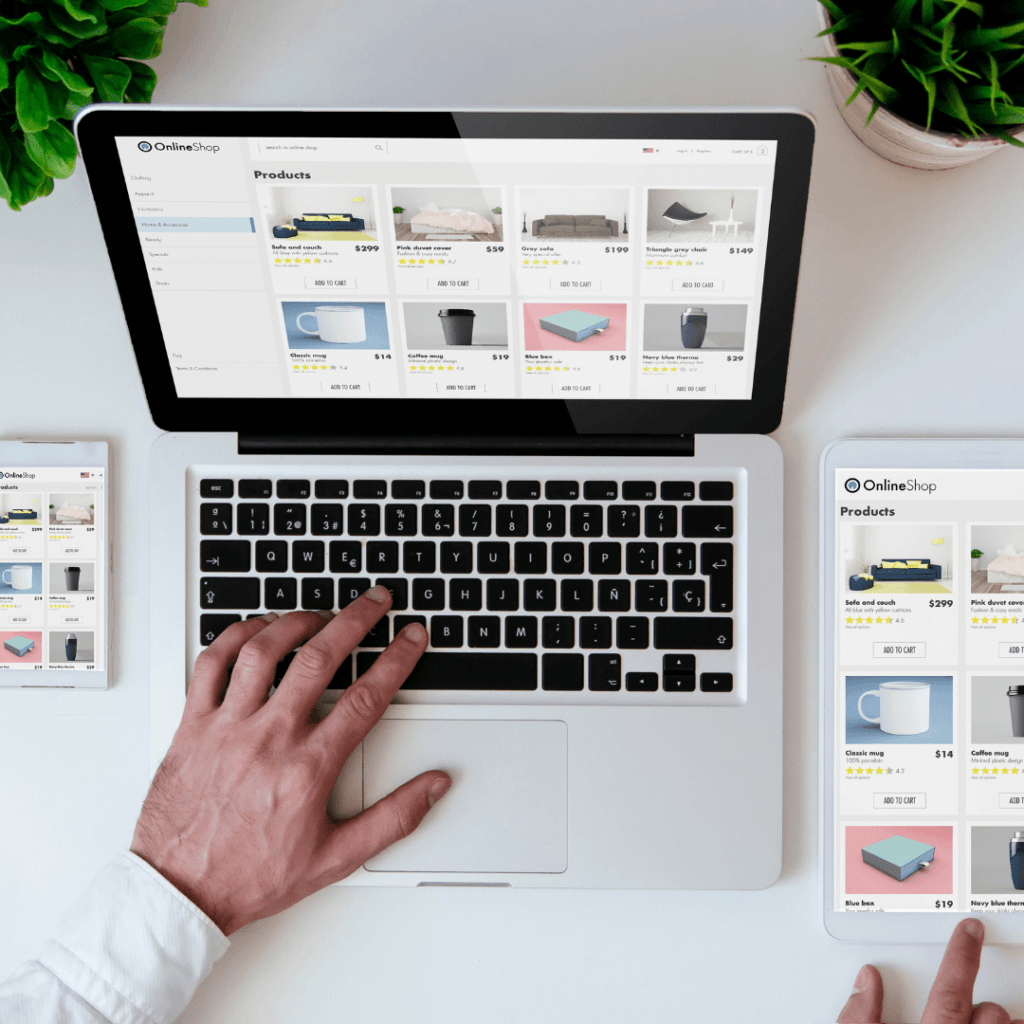 The same online shopping website shown on a laptop, a smartphone, and a tablet