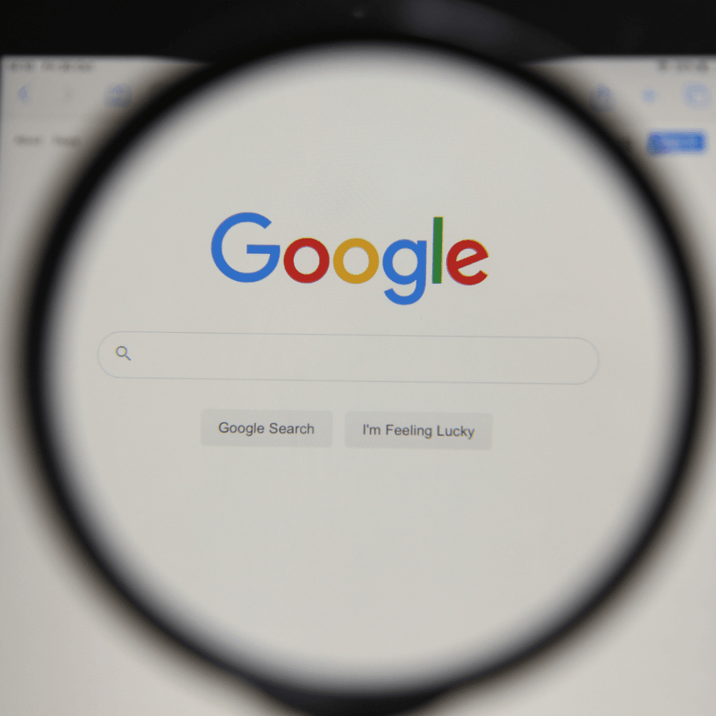 A picture of Google.com on a computer screen under a magnifying glass