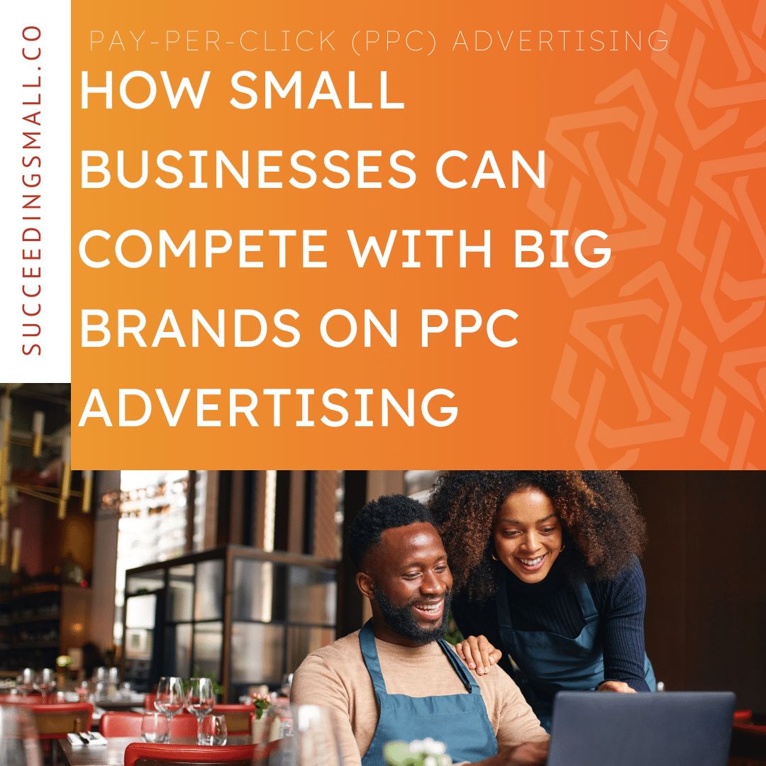 Image featuring a small business owner in front of this computer with blog title "How Small Businesses Can Compete with Big Brands on PPC Advertising."