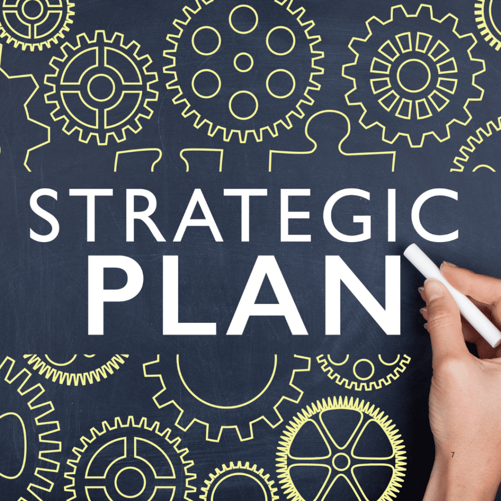 A blog graphic with the words "strategic plan" in a blog about how to build a small business marketing plan for 2025. 